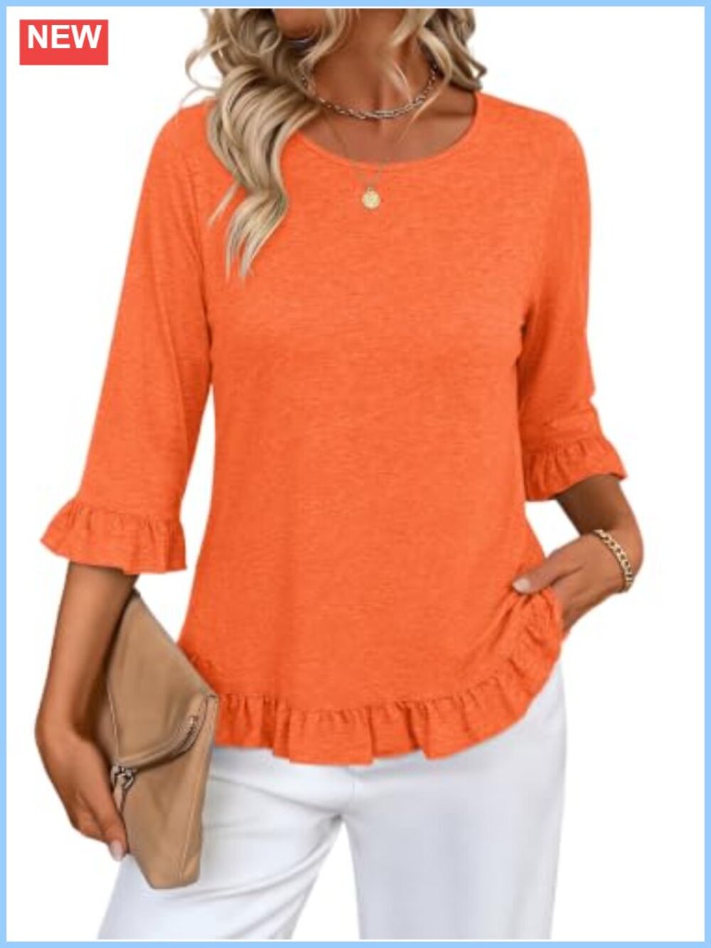 Womens 3/4 Ruffle Sleeve Blouse Ruffle Hem Tunic Top Dressy Casual